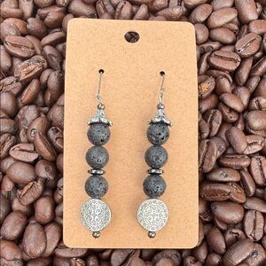 Handmade Black Lava Stone Dangle Earrings by